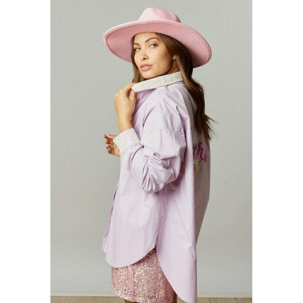Mimosa Brunch Sequin Patch Poplin Oversize Shirt in Lavender - Picture 6 of 8